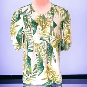 SIGRID OLSEN MEDIUM BLOUSE TOP PUFFY SLEEVES LINEN/RAYON GREEN TROPICAL PRINT